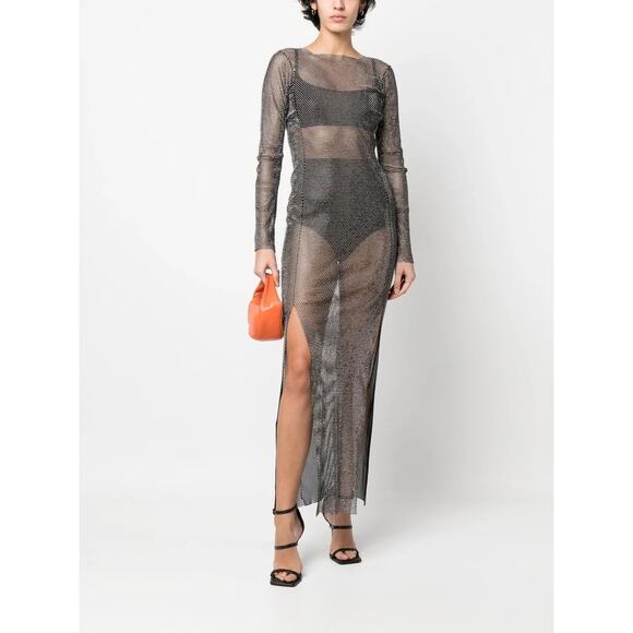 SANTA Rhinestone Embellished Mesh Maxi Dress Party Statement Evening Black Sz M - Picture 2 of 9